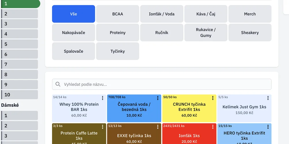 Přehled vydaných účtenek v aplikaci s částkou, stavem úhrady a způsobem platby.